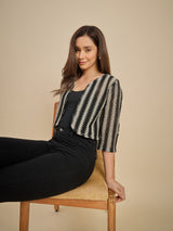 Women Black & off white Striped Crop Open Front Shrug