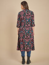 Women Black & Pink Printed Longline Open Front Shrug