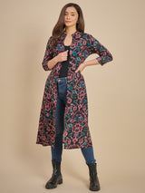 Women Black & Pink Printed Longline Open Front Shrug