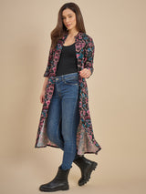 Women Black & Pink Printed Longline Open Front Shrug