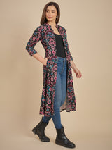 Women Black & Pink Printed Longline Open Front Shrug