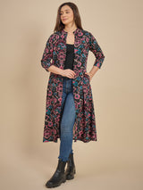 Women Black & Pink Printed Longline Open Front Shrug
