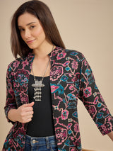 Women Black & Pink Printed Longline Open Front Shrug