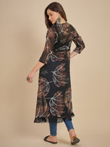 Women Black & Brown Floral Printed Longline Tie-Up Shrug