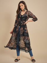 Women Black & Brown Floral Printed Longline Tie-Up Shrug