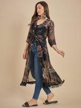 Women Black & Brown Floral Printed Longline Tie-Up Shrug