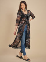 Women Black & Brown Floral Printed Longline Tie-Up Shrug