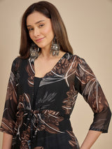 Women Black & Brown Floral Printed Longline Tie-Up Shrug