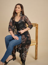 Women Black & Brown Floral Printed Longline Tie-Up Shrug