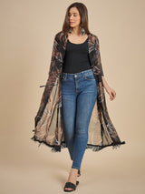 Women Black & Brown Floral Printed Longline Tie-Up Shrug