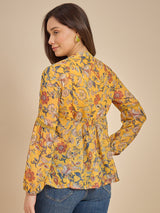 Women Mustard Yellow Floral Printed Peplum Top with Tassel Detail
