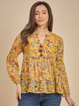 Women Mustard Yellow Floral Printed Peplum Top with Tassel Detail