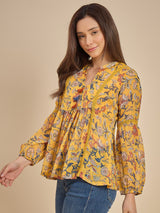 Women Mustard Yellow Floral Printed Peplum Top with Tassel Detail