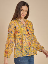 Women Mustard Yellow Floral Printed Peplum Top with Tassel Detail