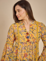 Women Mustard Yellow Floral Printed Peplum Top with Tassel Detail