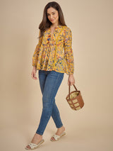 Women Mustard Yellow Floral Printed Peplum Top with Tassel Detail