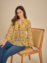 Women Mustard Yellow Floral Printed Peplum Top with Tassel Detail