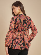 Black & Red Paisley Printed Peplum Top with Lace Detailing