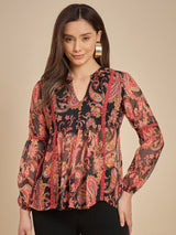 Black & Red Paisley Printed Peplum Top with Lace Detailing