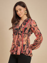 Black & Red Paisley Printed Peplum Top with Lace Detailing