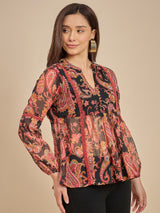 Black & Red Paisley Printed Peplum Top with Lace Detailing