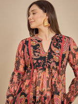 Black & Red Paisley Printed Peplum Top with Lace Detailing