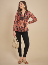 Black & Red Paisley Printed Peplum Top with Lace Detailing