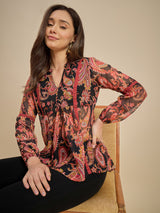 Black & Red Paisley Printed Peplum Top with Lace Detailing