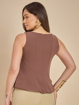 Brown Solid Sleeveless Peplum Top with Button Detail