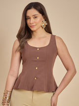 Brown Solid Sleeveless Peplum Top with Button Detail