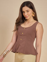 Brown Solid Sleeveless Peplum Top with Button Detail