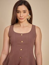 Brown Solid Sleeveless Peplum Top with Button Detail