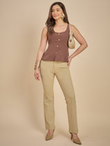Brown Solid Sleeveless Peplum Top with Button Detail
