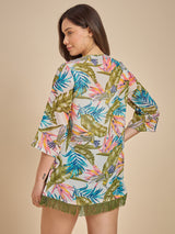 Women White & Green Tropical Printed Open Front Shrug
