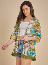 Women White & Green Tropical Printed Open Front Shrug