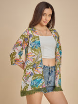 Women White & Green Tropical Printed Open Front Shrug