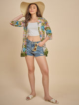 Women White & Green Tropical Printed Open Front Shrug