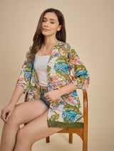 Women White & Green Tropical Printed Open Front Shrug