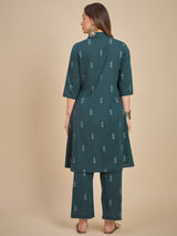 Women Dark Green Printed A-Line Kurta with Palazzo