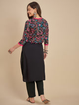 Women Black Solid Kurta with Printed Crop Jacket
