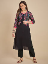 Women Black Solid Kurta with Printed Crop Jacket