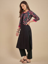 Women Black Solid Kurta with Printed Crop Jacket