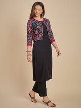 Women Black Solid Kurta with Printed Crop Jacket