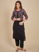 Women Black Solid Kurta with Printed Crop Jacket