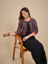 Women Black Solid Kurta with Printed Crop Jacket