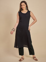 Women Black Solid Kurta with Printed Crop Jacket