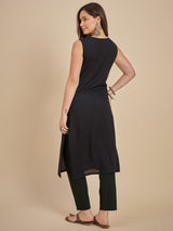 Women Black Solid Kurta with Printed Crop Jacket