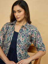 Azira Women Solid Rayon Dress With Beige Printed Front Open short  Shrug