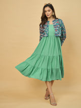 Azira Soild Rayon Midi Dress With Printed Jacket