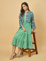 Azira Soild Rayon Midi Dress With Printed Jacket